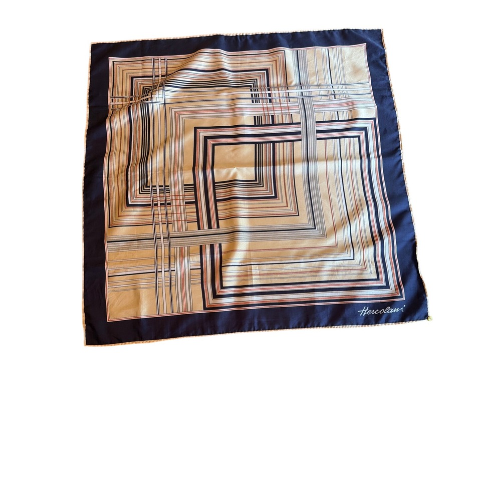 Hercolani Scarf Navy Blue Geometric Linear Square Italian Polyester Satin Scarf